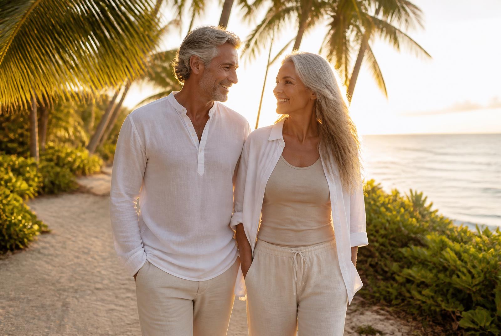 A smiling couple in their sixties walking a tropical shoreline path at sunrise